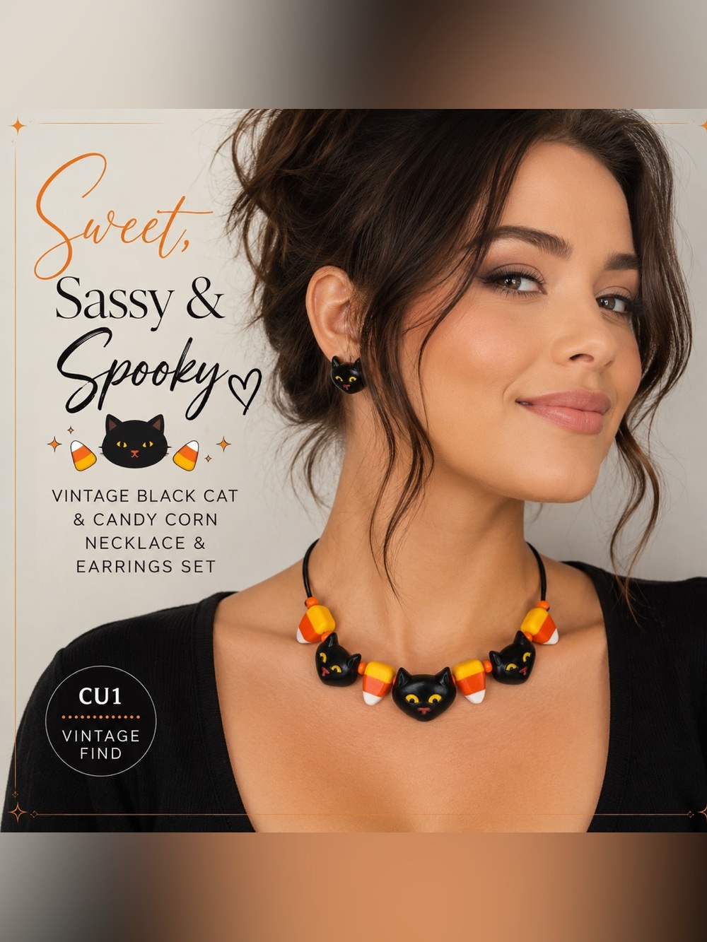 Vintage Black Cat and Candy Corn Necklace and Earrings Set
